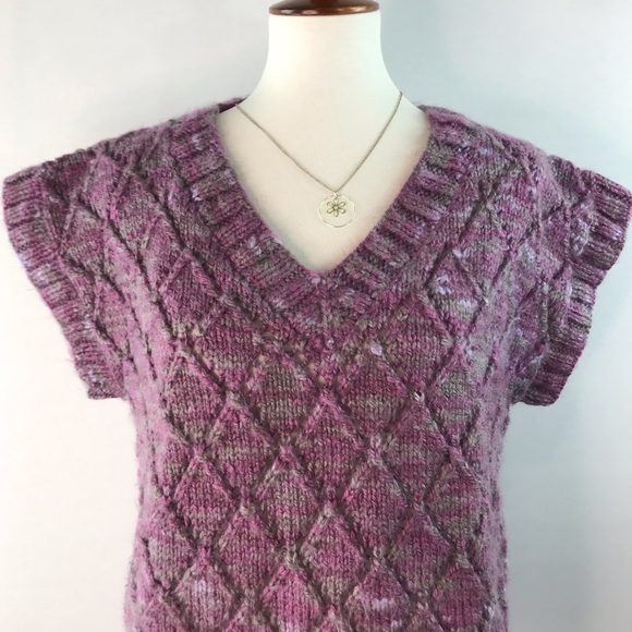 Hand Crafted Mauve Grey Marled Hand Knit Short Sleeve V-Neck Sweater NWOT - Picture 3 of 9